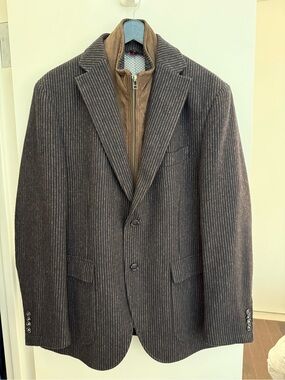 Men's Brown Pinstripe Wool Sport Coat with Inner Zip Layer